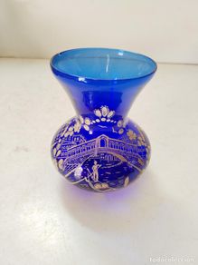 Antigüedades: jarron florero venecia cristal azul